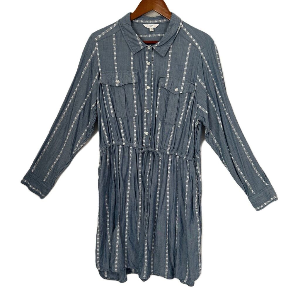 Time & Tru Dress Women XXL 20 Blue White Chambray Roll Tab Pockets Utility Shirt